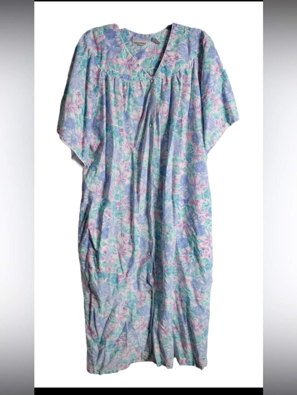 Vintage 80s Spring Floral Button-Front House Dress in Pastel Blue & Pink